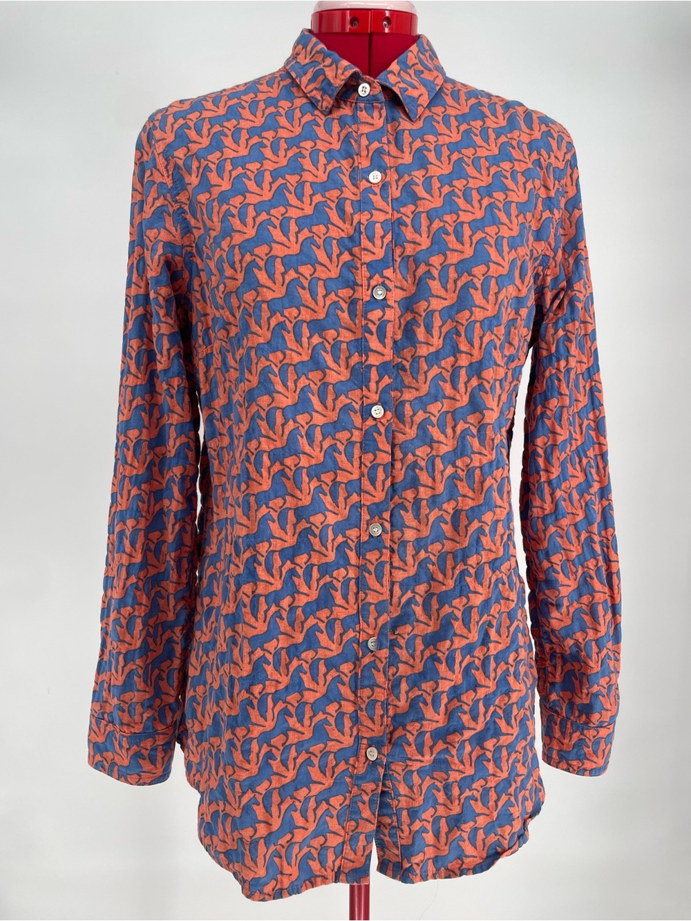 J. McLaughlin Horse Print Orange Blue Novelty Equestrian Cotton Shirt